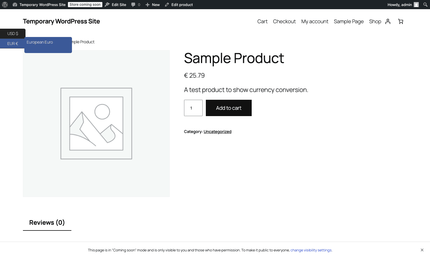 FOX Currency Switcher Pro - Product after switching to EUR FOX Currency Switcher Pro front-end product page showing EUR conversion after switching from USD