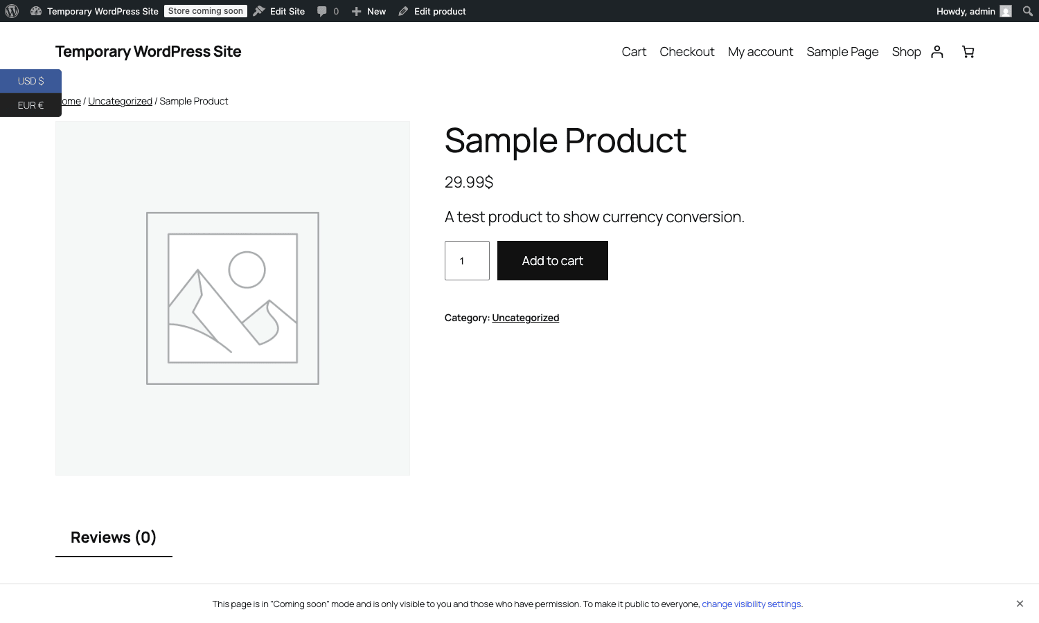 FOX Currency Switcher Pro - Product page with side switcher in USD Front-end product page showing FOX side currency switcher on the left edge with USD price