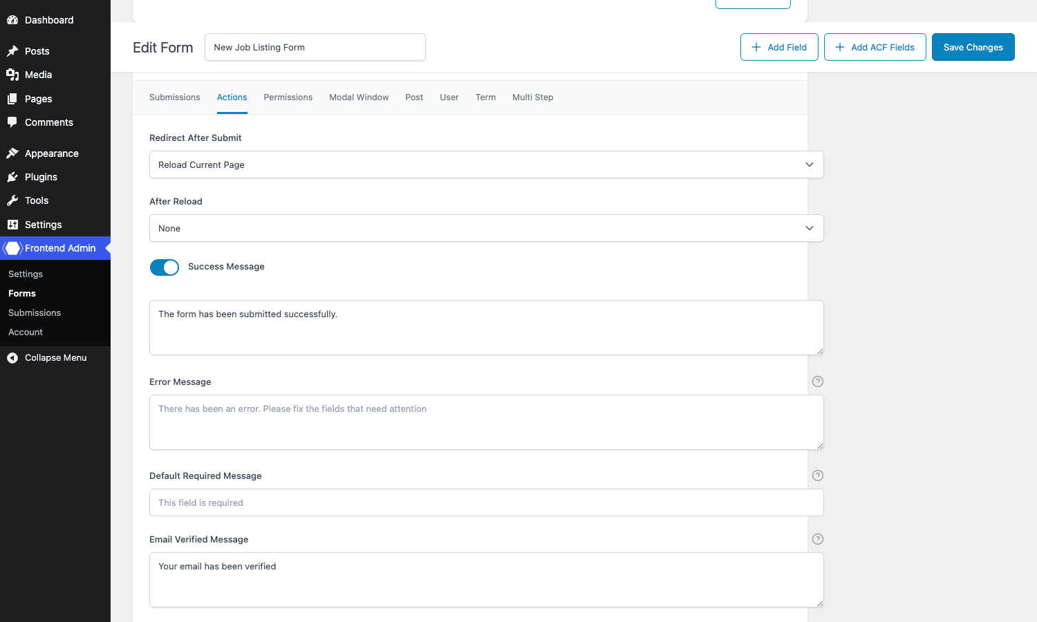 Frontend Admin Pro: Actions tab Frontend Admin Pro Actions tab showing Redirect After Submit dropdown and success message configuration