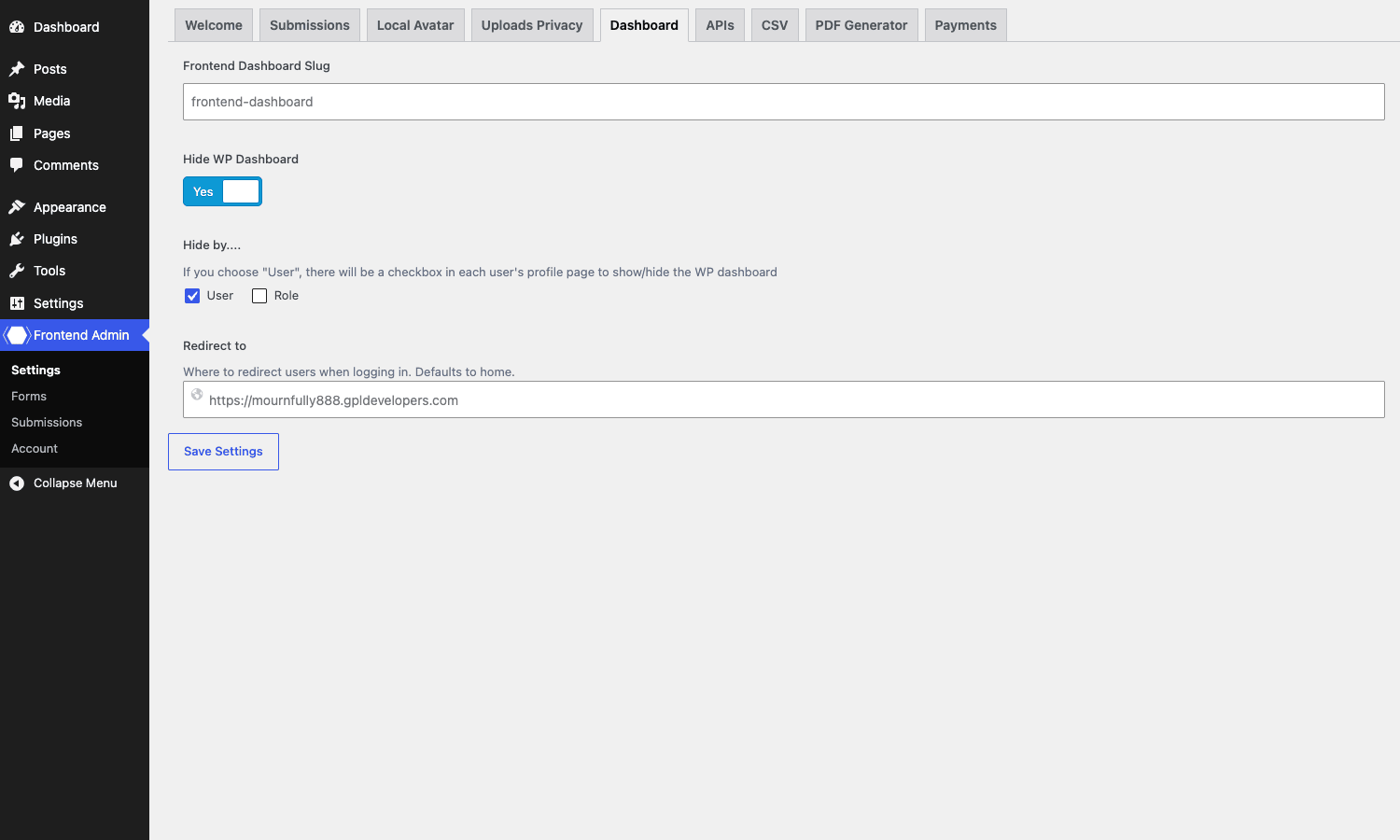 Frontend Admin Pro: Dashboard tab Frontend Admin Pro Dashboard tab showing Frontend Dashboard Slug input, Hide WP Dashboard toggle, and redirect destination
