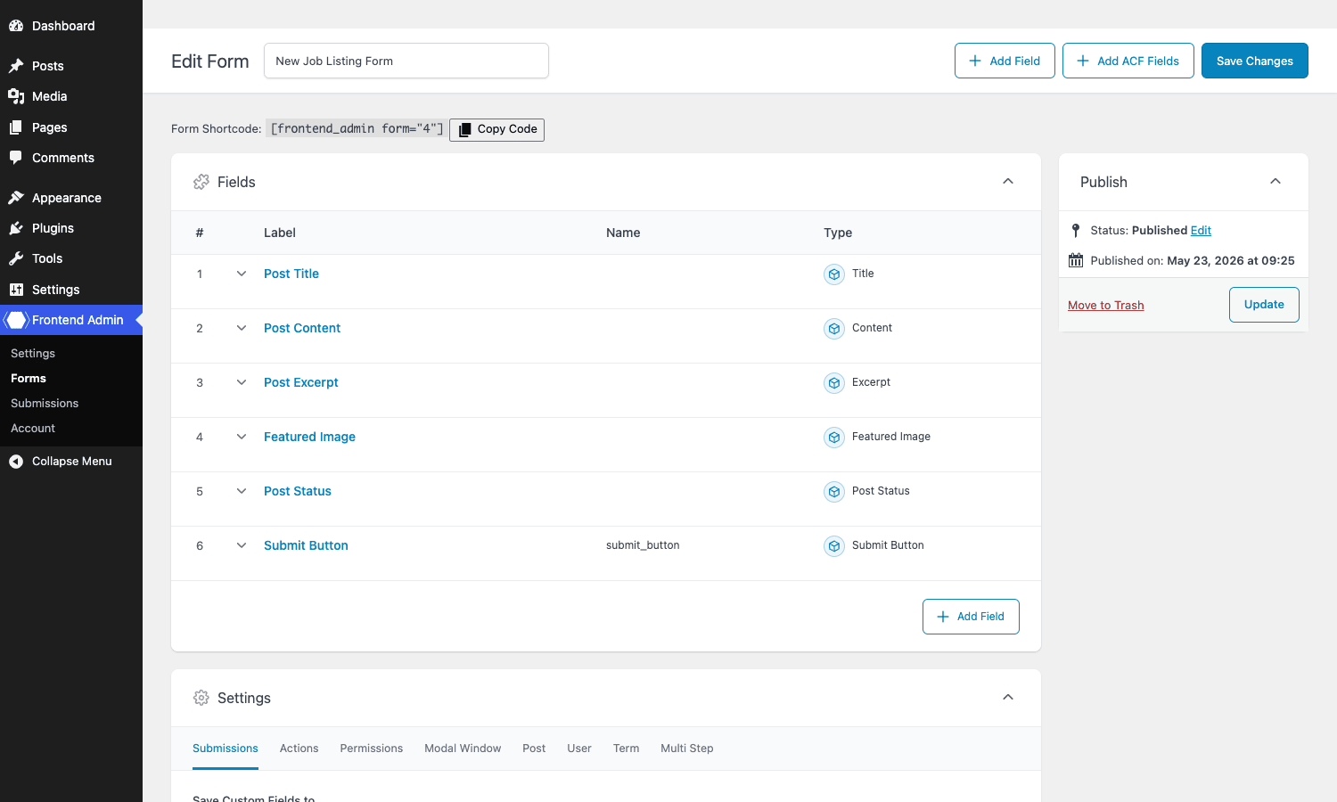 Frontend Admin Pro: form builder UI Frontend Admin Pro form builder showing the field list and settings tabs for a new post form