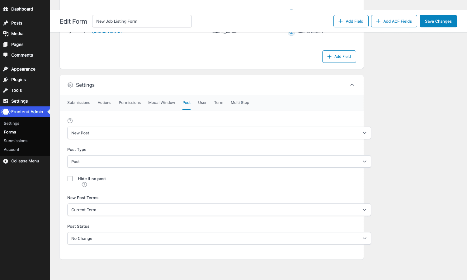 Frontend Admin Pro: Post tab Frontend Admin Pro Post tab showing New Post mode, post type Post, and post status configuration