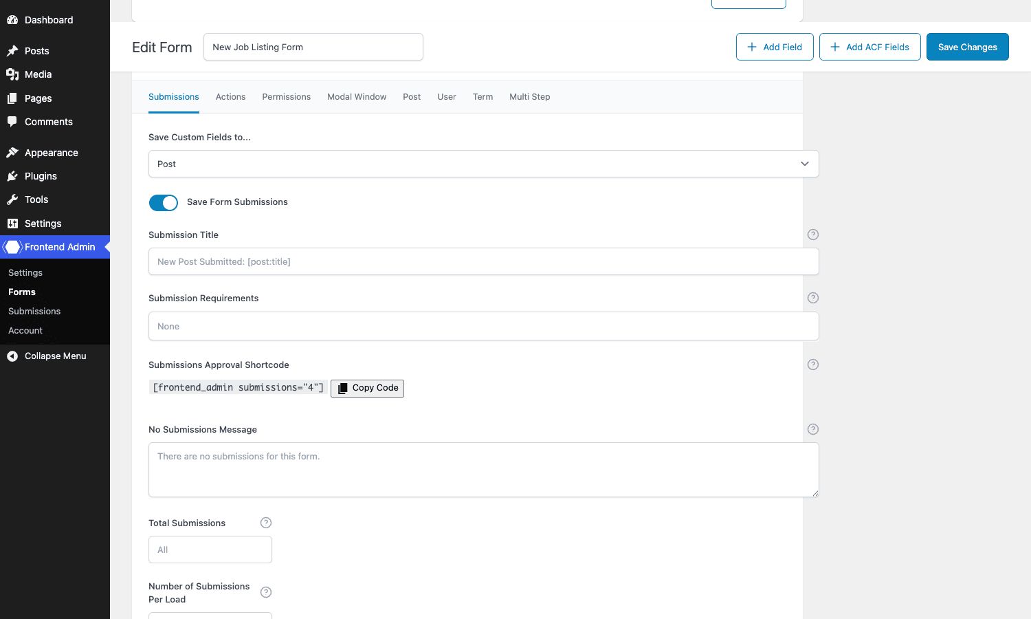 Frontend Admin Pro: Submissions tab Frontend Admin Pro form Submissions tab showing custom save target, submission title template, and approval shortcode