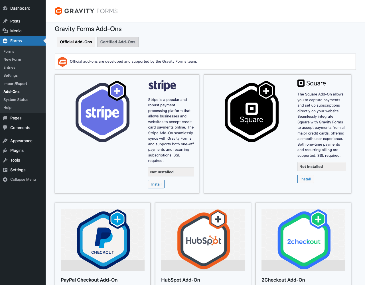 Add-Ons directory, install integrations from the WP admin Gravity Forms Add-Ons directory showing official add-on cards (Stripe, Square, PayPal Checkout, HubSpot, 2Checkout) with install buttons