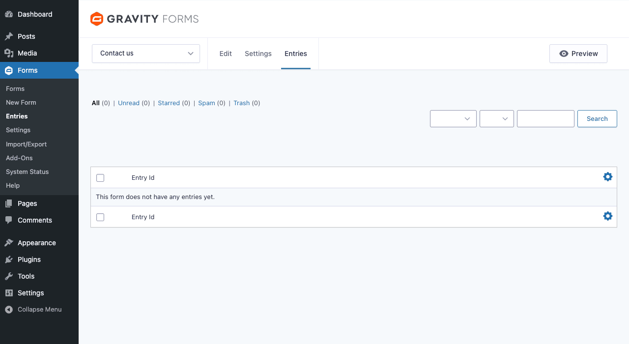 Entries, submissions per form, filterable and searchable Gravity Forms Entries page showing All / Unread / Starred / Spam / Trash filters, search bar, and the entries table with Entry Id column