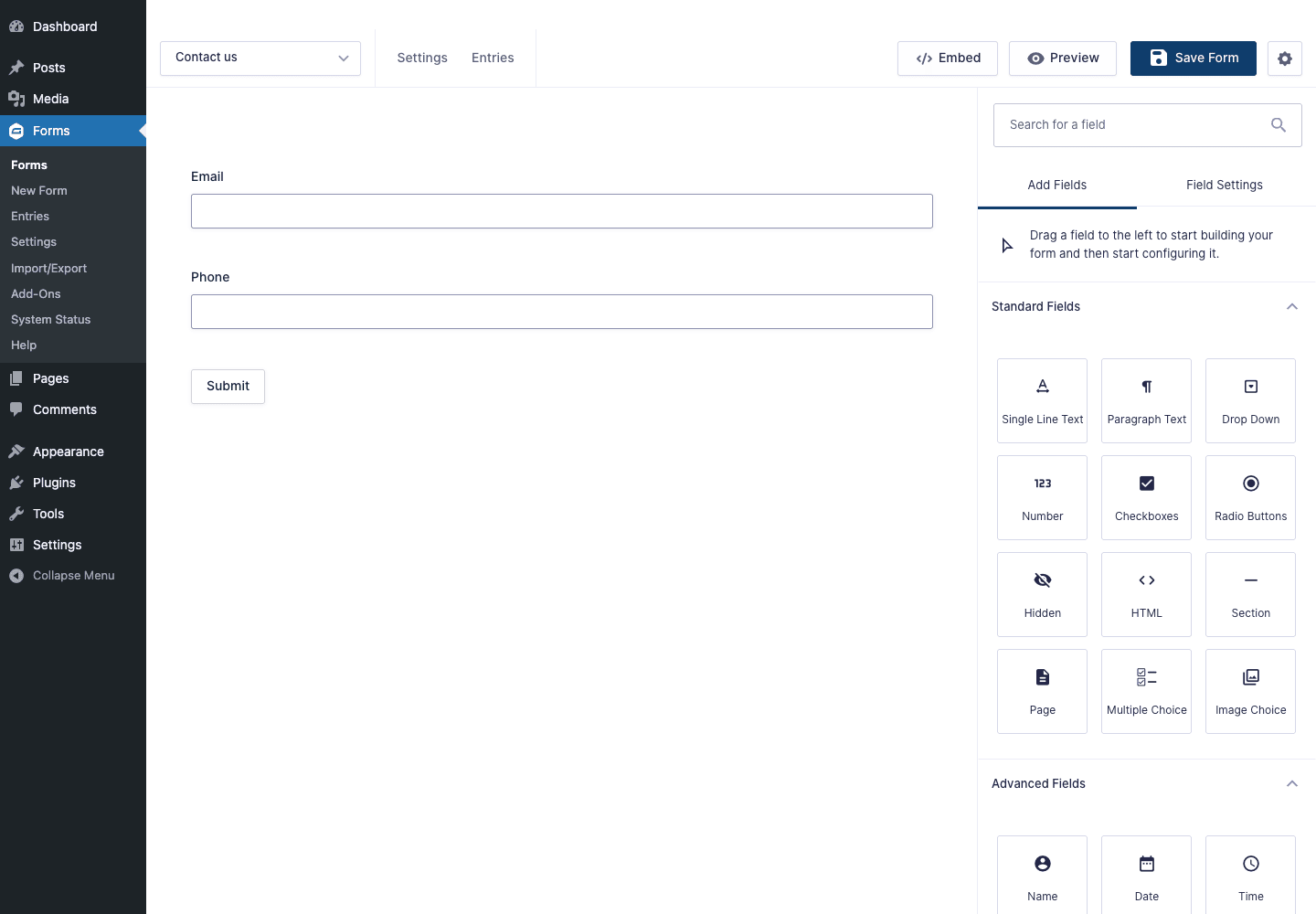 The Gravity Forms builder, drag a field on the left, configure on the right Gravity Forms visual form builder with the Add Fields panel open showing Standard Fields (Single Line Text, Paragraph Text, Drop Down, Number, Checkboxes, Radio Buttons, Hidden, HTML, Section, Page, Multiple Choice, Image Choice) and Advanced Fields
