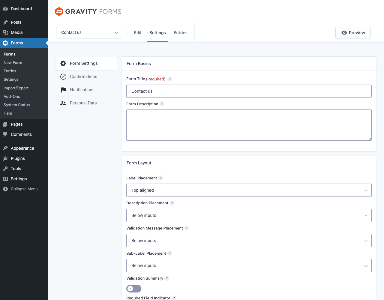 Form Settings, title, description, layout, label placement Gravity Forms per-form Form Settings page showing Form Settings, Confirmations, Notifications, Personal Data sub-tabs and the Form Basics and Form Layout sections