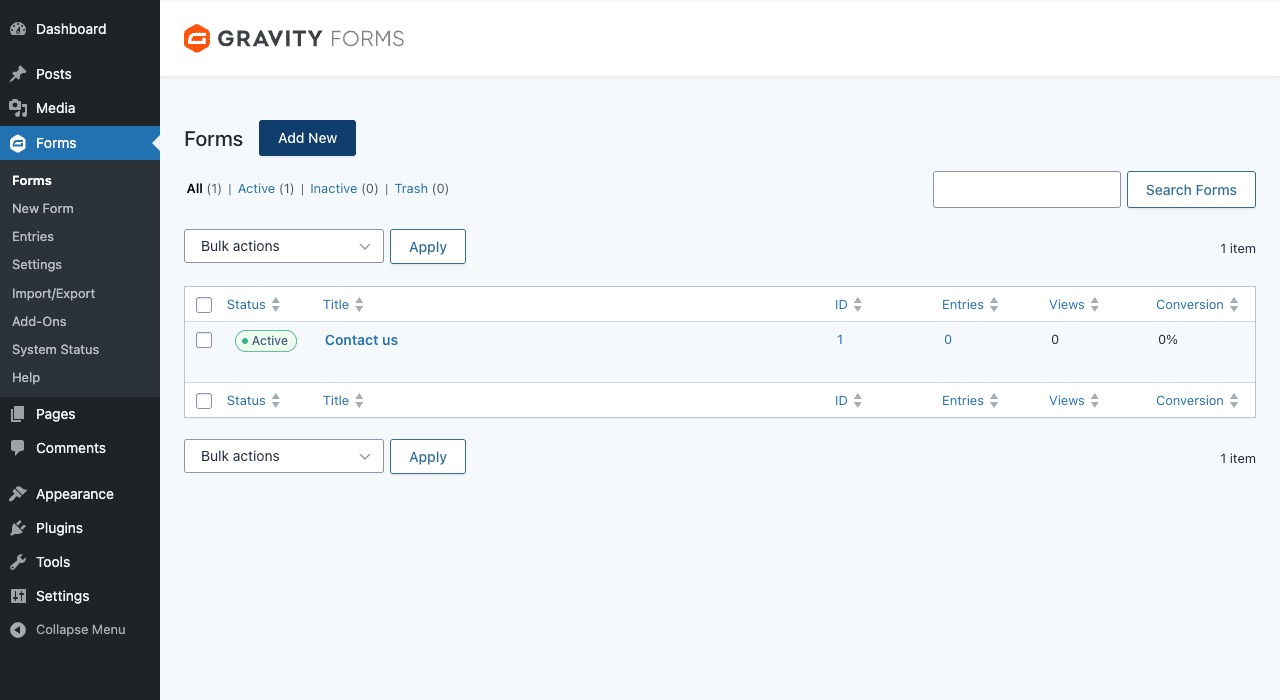 Forms list, every form on your site, with entry/conversion stats Gravity Forms list page showing the Forms admin (single form "Contact us" with ID/Entries/Views/Conversion columns and bulk actions)