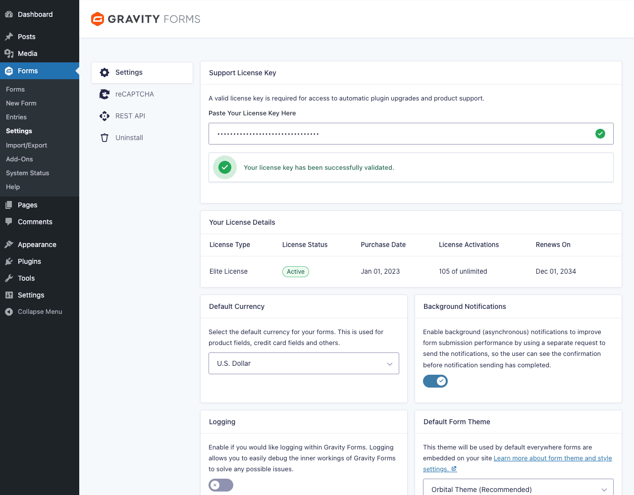 Forms → Settings, global plugin settings Gravity Forms global Settings page showing Support License Key, Your License Details (Elite License, Active, activations count, renewal date), Default Currency, Background Notifications, Logging, Default Form Theme