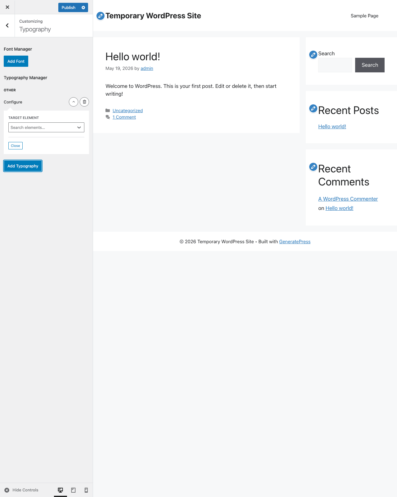 GeneratePress Premium Typography module in the Customizer GeneratePress Premium Typography section in the WordPress Customizer showing Font Manager and Typography Manager with a target element dropdown