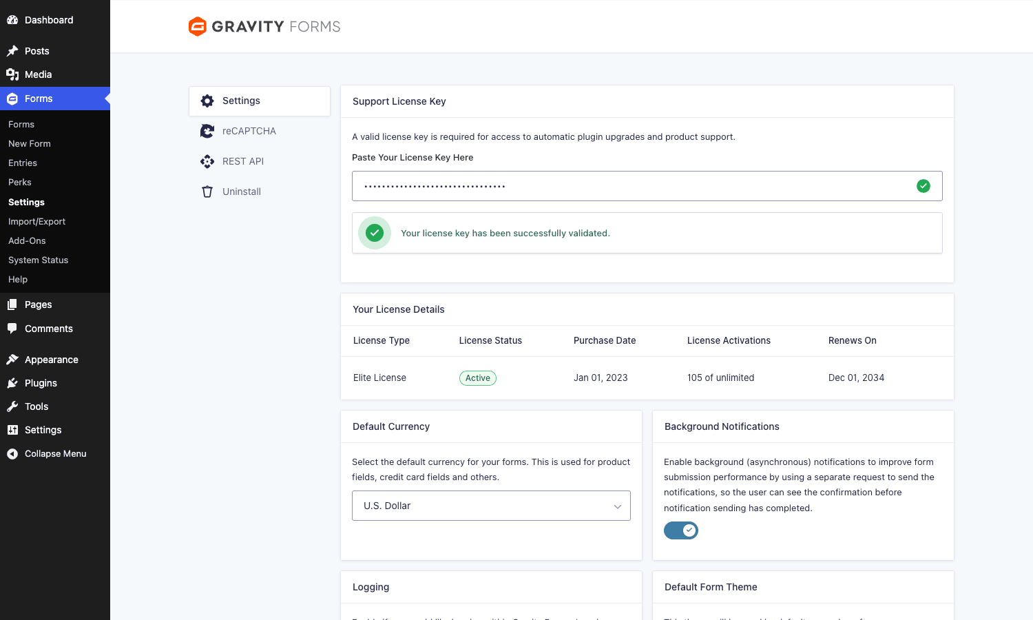 Gravity Forms settings panel with Elite license active Gravity Forms settings page showing the Elite license and core options that Gravity Perks builds on top of