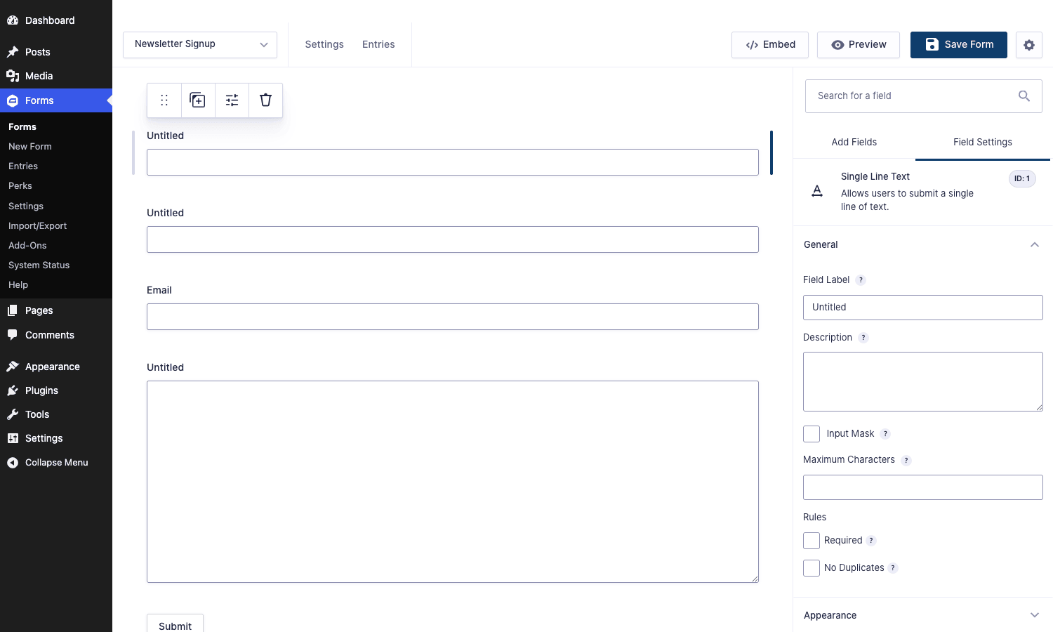Field settings panel in the form editor with Perks integration Gravity Forms field settings panel in the form editor with No Duplicates rule and Perks tab visible