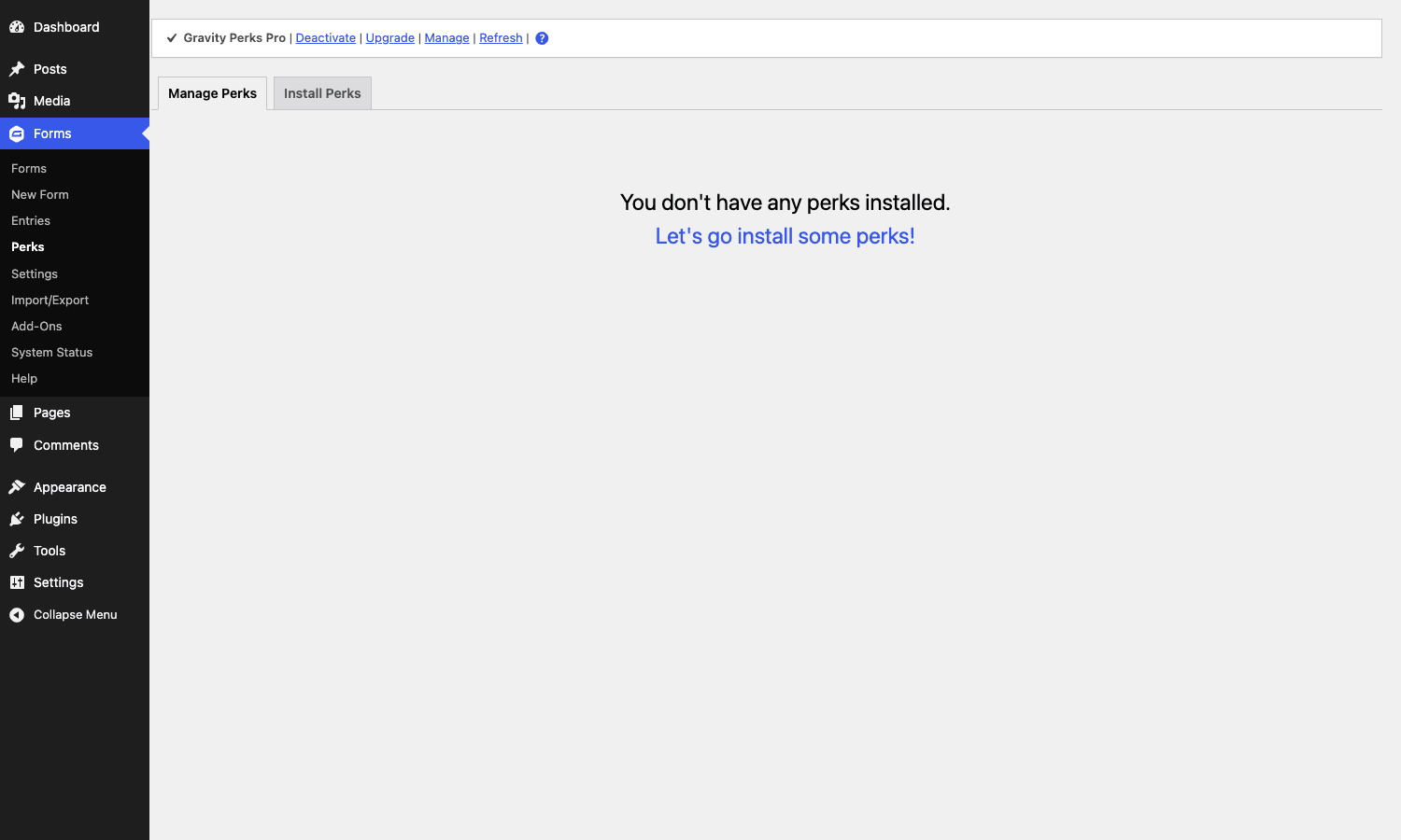 Gravity Perks Manage Perks dashboard Gravity Perks Manage Perks page with the empty state shown after a fresh install