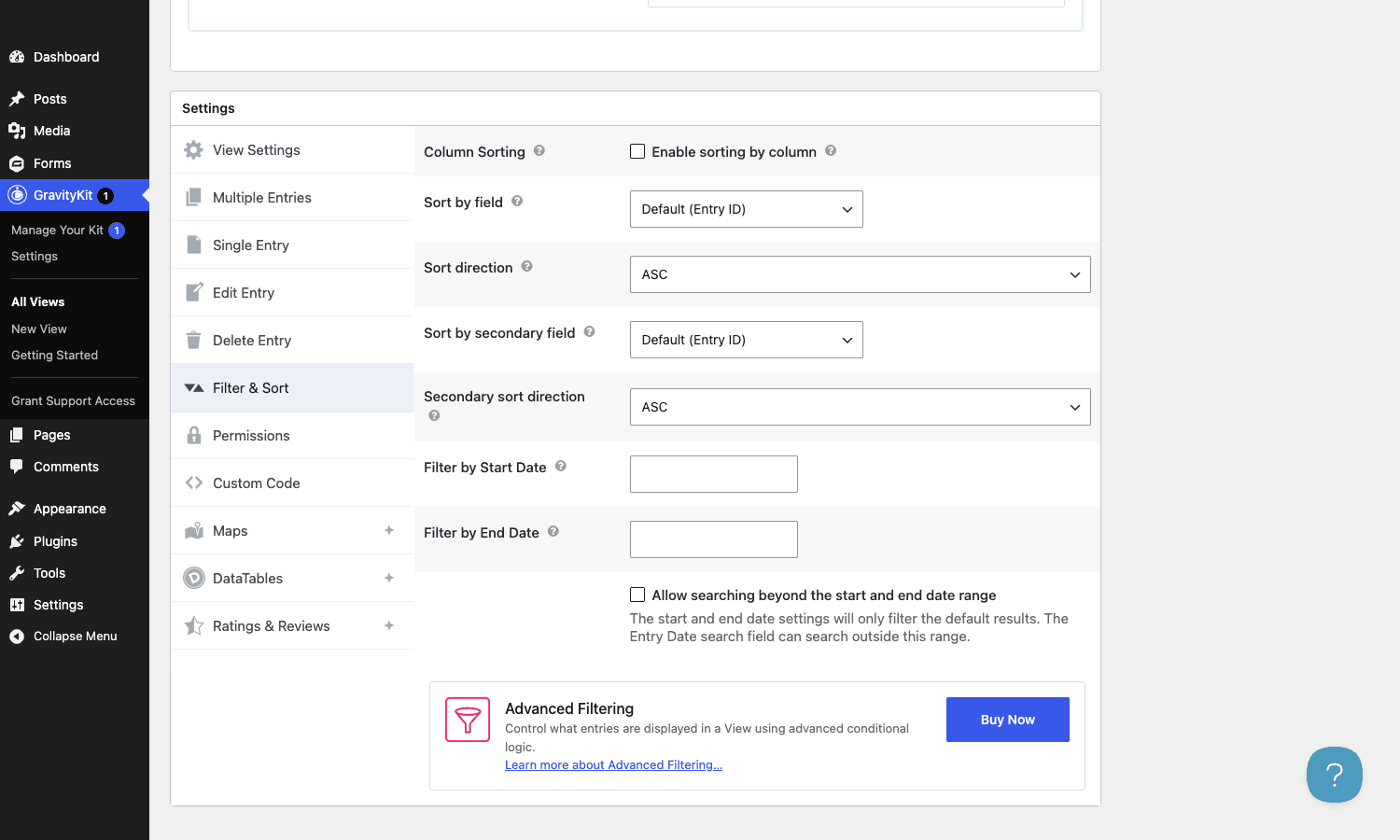 GravityView settings GravityView View Settings panel showing Filter & Sort options