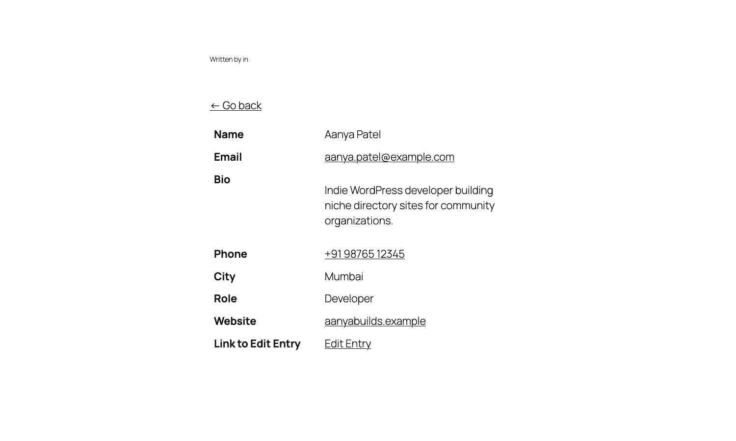 GravityView single entry view GravityView Single Entry view with Name, Email, Bio, Phone, City, Role, Website fields and Edit Entry link