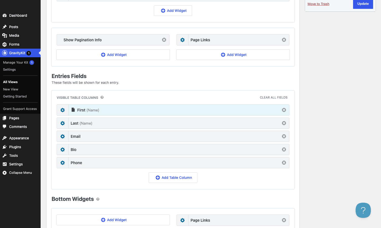 GravityView table columns GravityView Visible Table Columns area with First, Last, Email, Bio, Phone field rows