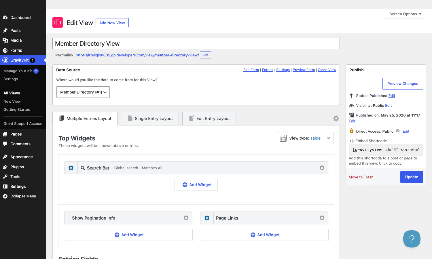 GravityView View Builder GravityView View Builder admin showing Multiple Entries Layout, Top Widgets, Search Bar, and embed shortcode