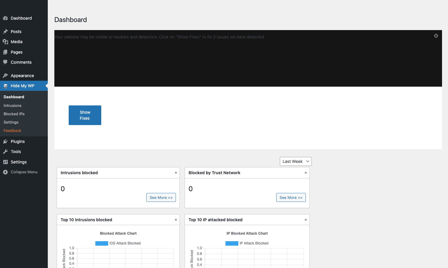 Hide My WP dashboard on a fresh install Hide My WP Dashboard showing the "Your website may be visible to hackers and detectors" banner with a Show Fixes button, plus Intrusions blocked and Blocked by Trust Network cards both at zero
