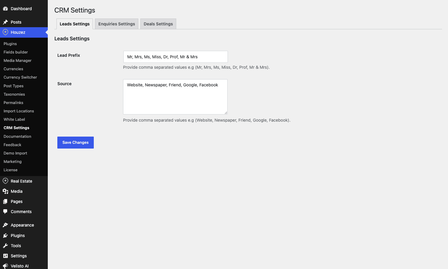 Houzez CRM Settings Houzez CRM Settings page with Leads / Enquiries / Deals tabs, lead prefix and source configuration