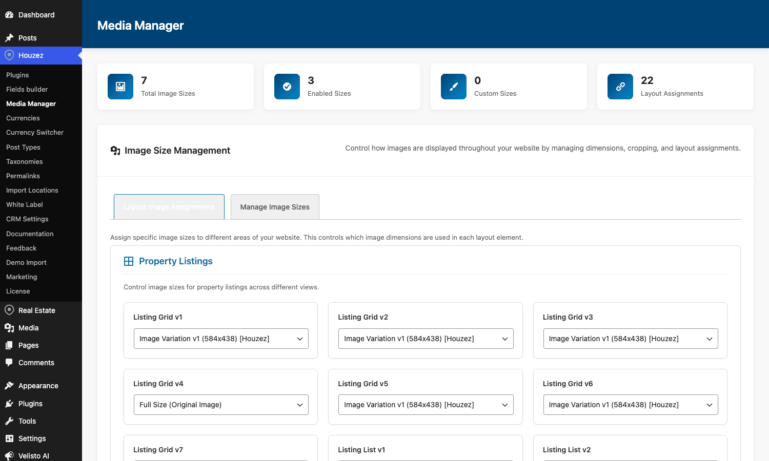 Houzez Media Manager image size assignments Houzez Media Manager assigning image sizes to Listing Grid v1 through v7 and Listing List variants