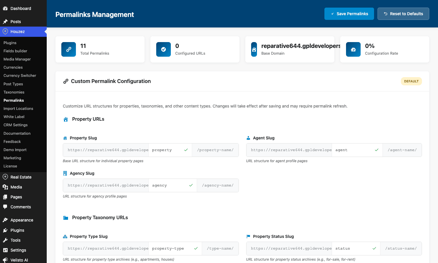 Houzez Permalinks Management Houzez Permalinks Management page showing property, agent, and agency URL structures with property type and status slug configuration
