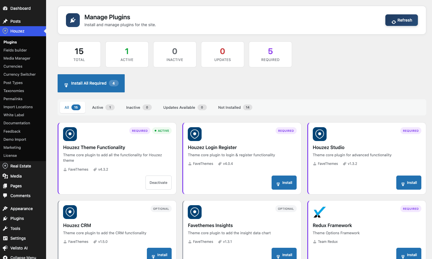 Houzez companion plugins Houzez plugin portal showing the bundled companion plugins (Theme Functionality, Login Register, Studio, CRM, Insights, Redux Framework)