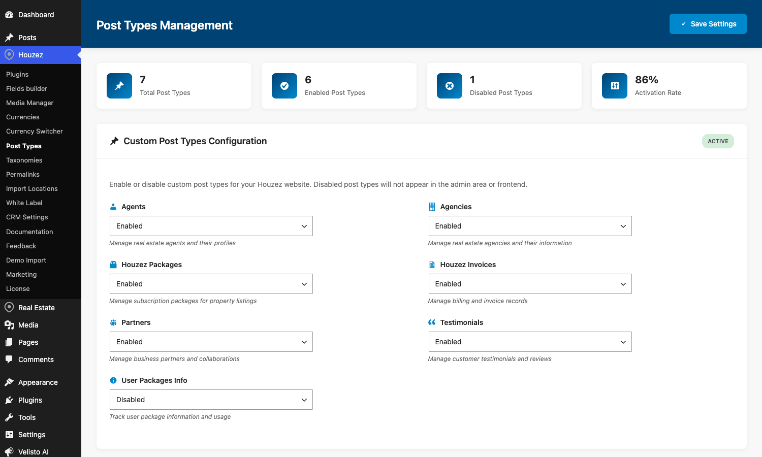 Houzez Post Types Management Houzez Post Types Management page: toggles for Agents, Agencies, Packages, Invoices, Partners, Testimonials, and User Packages Info