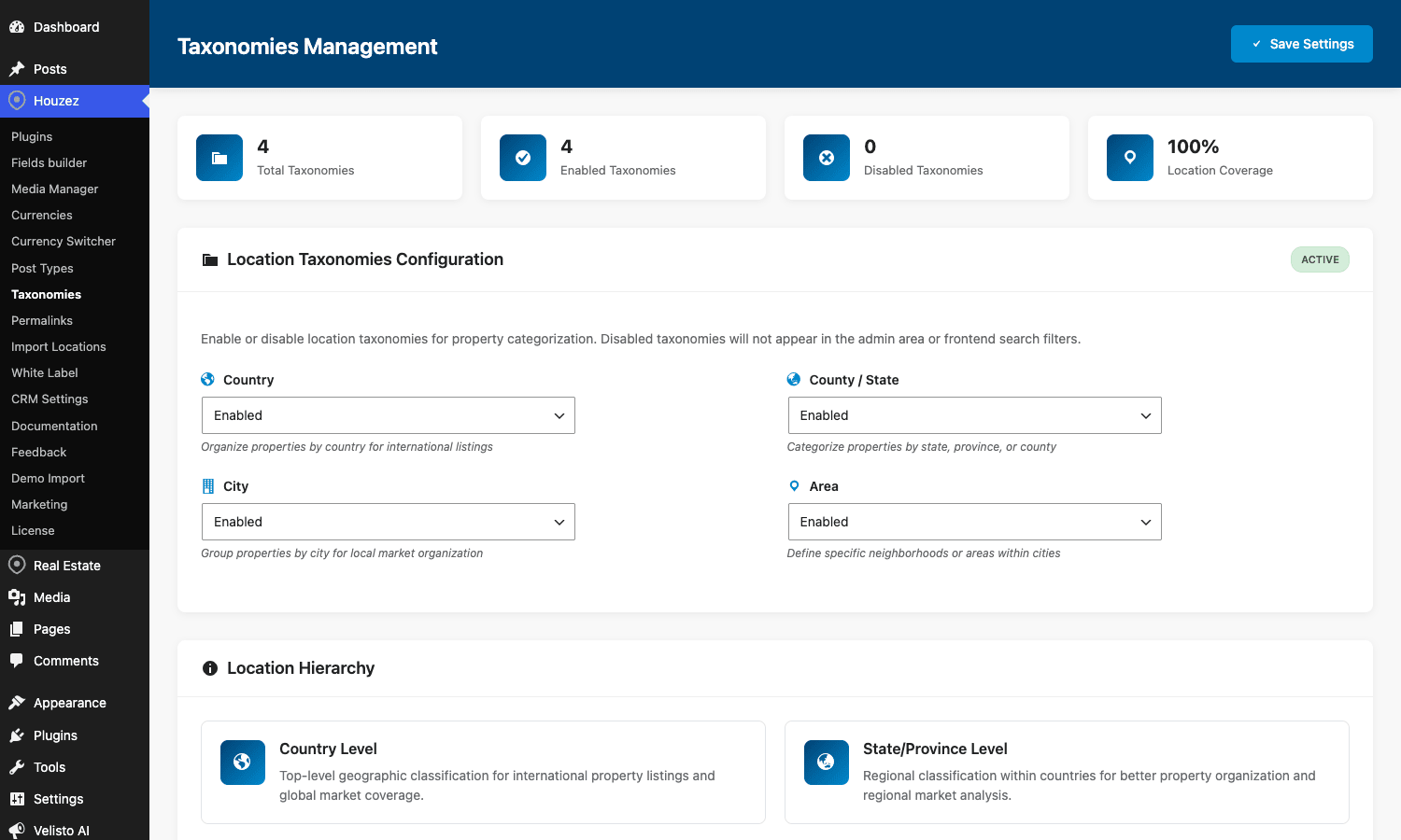 Houzez location taxonomies Houzez Taxonomies Management with Country, County/State, City, and Area location taxonomy toggles