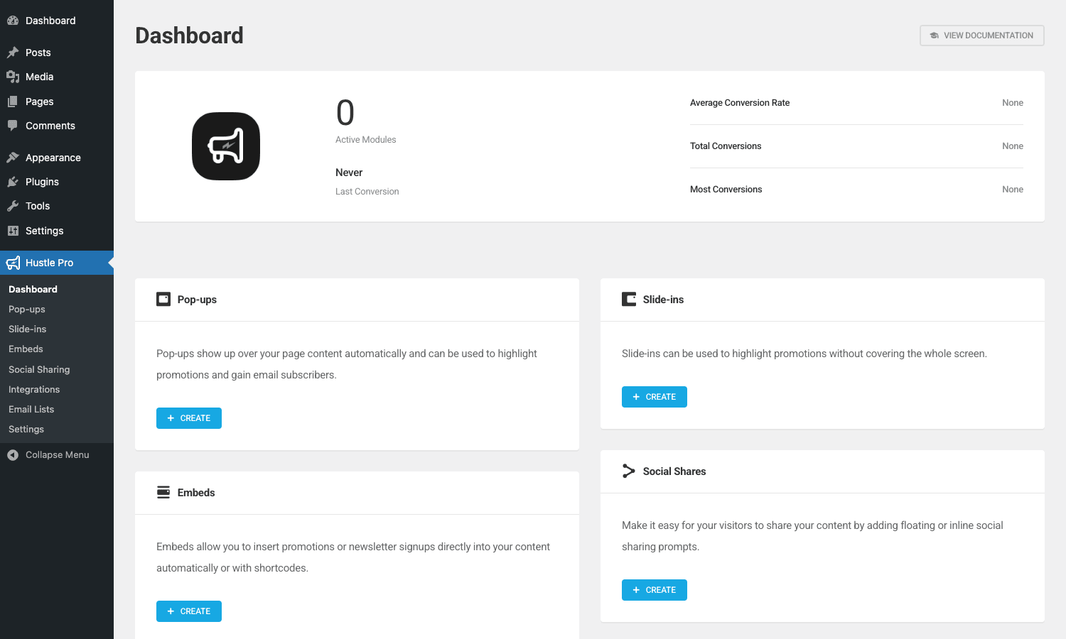 Hustle Pro Dashboard showing 0 Active Modules, Average Conversion Rate, Total Conversions, Most Conversions cards and four module cards Hustle Pro Dashboard with module cards for Pop-ups, Slide-ins, Embeds, Social Shares