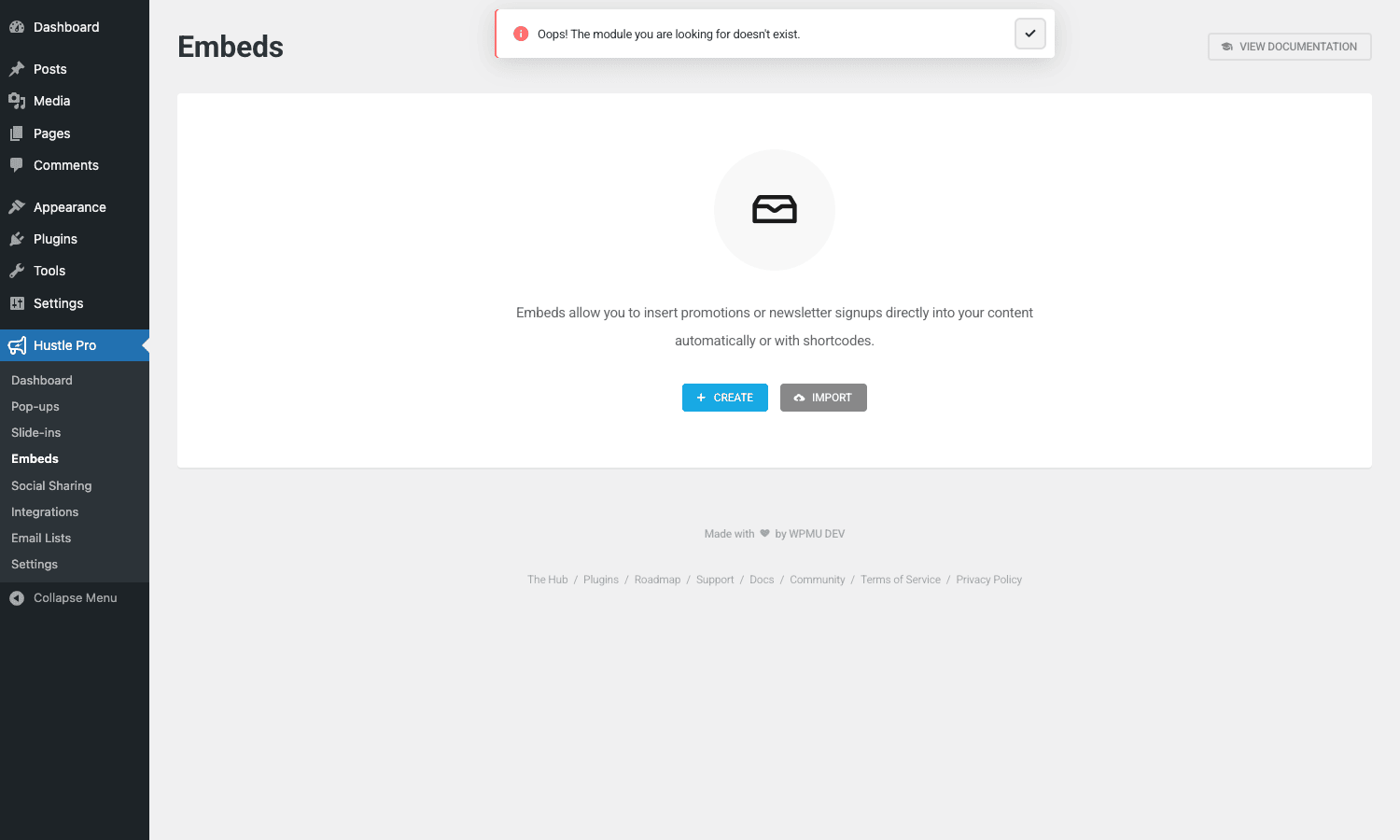 Hustle Embedded forms admin showing empty state Hustle Embeds admin