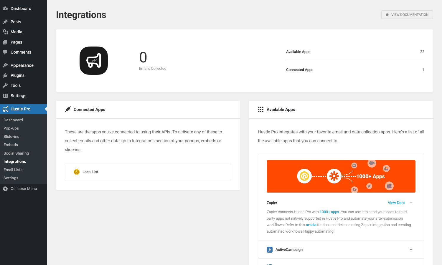 Hustle Pro Integrations admin with provider grid Hustle Integrations admin