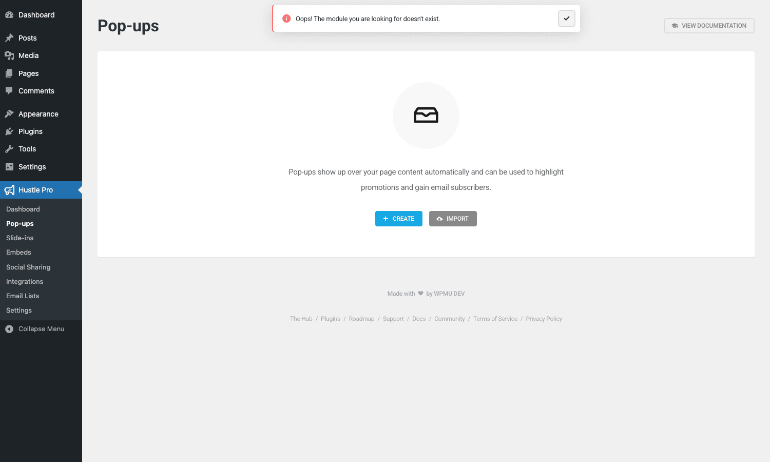 Hustle Pop-ups admin showing empty state with Create button Hustle Pro Pop-ups admin list