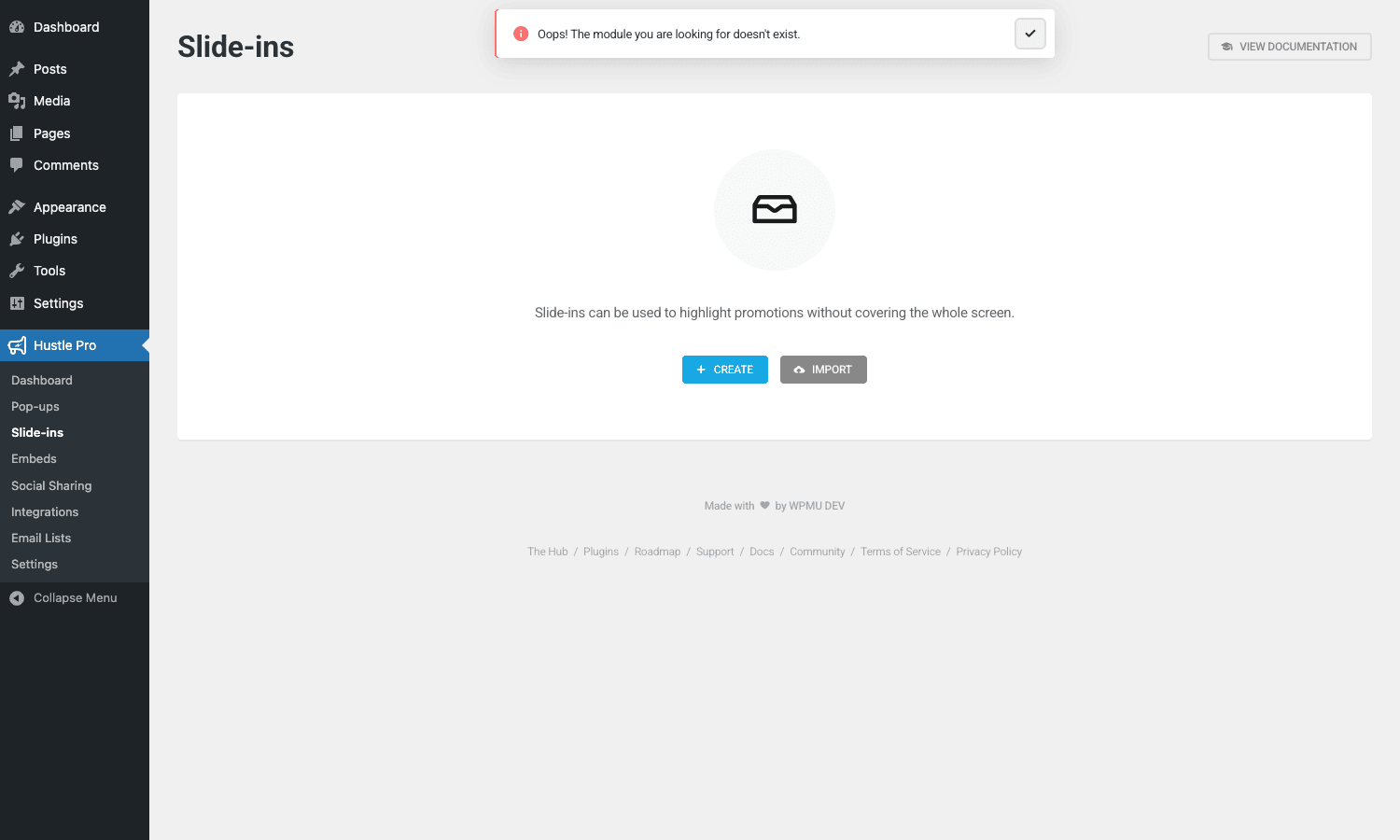 Hustle Slide-ins admin showing empty state Hustle Slide-ins admin
