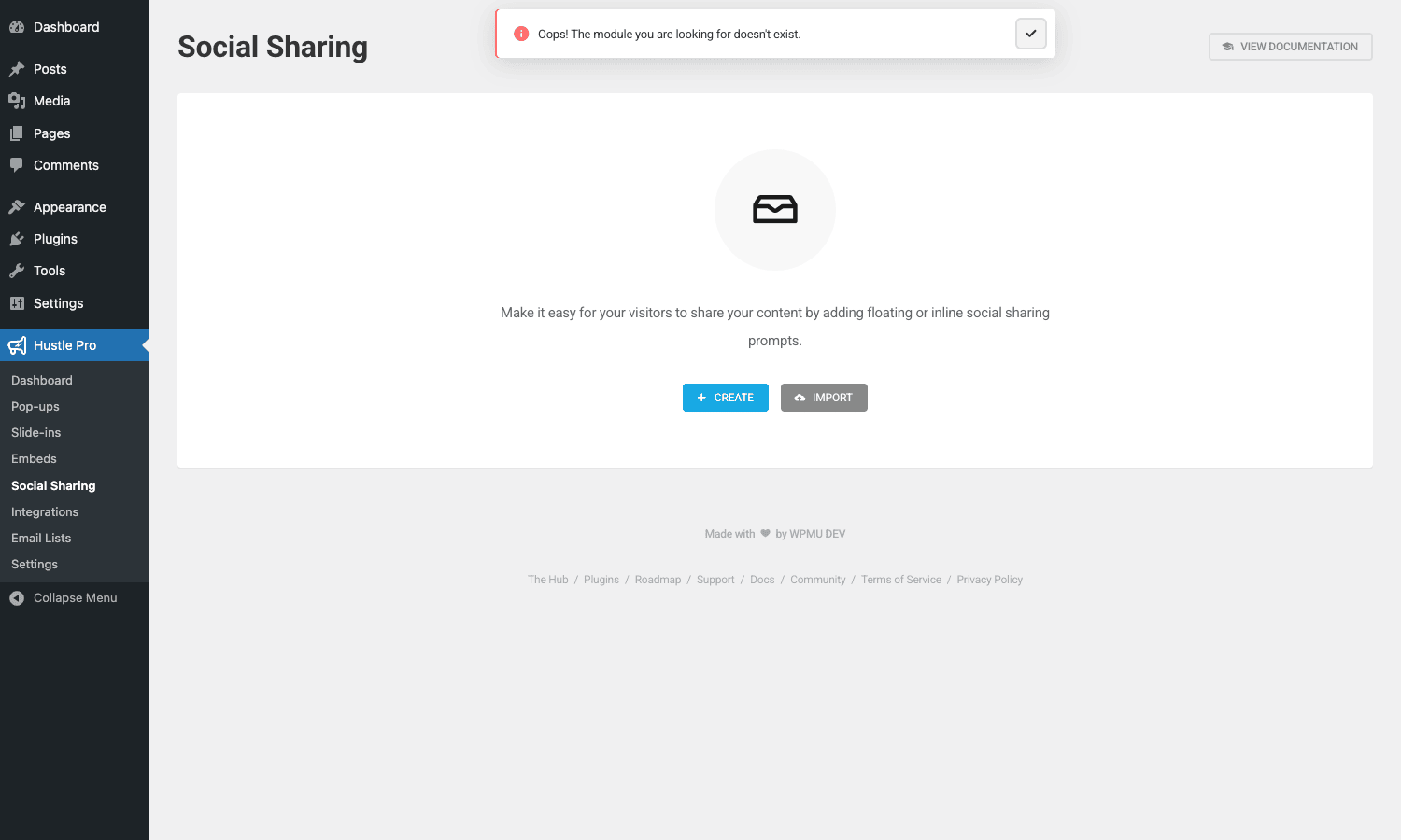 Hustle Social Sharing admin showing empty state Hustle Social Sharing admin