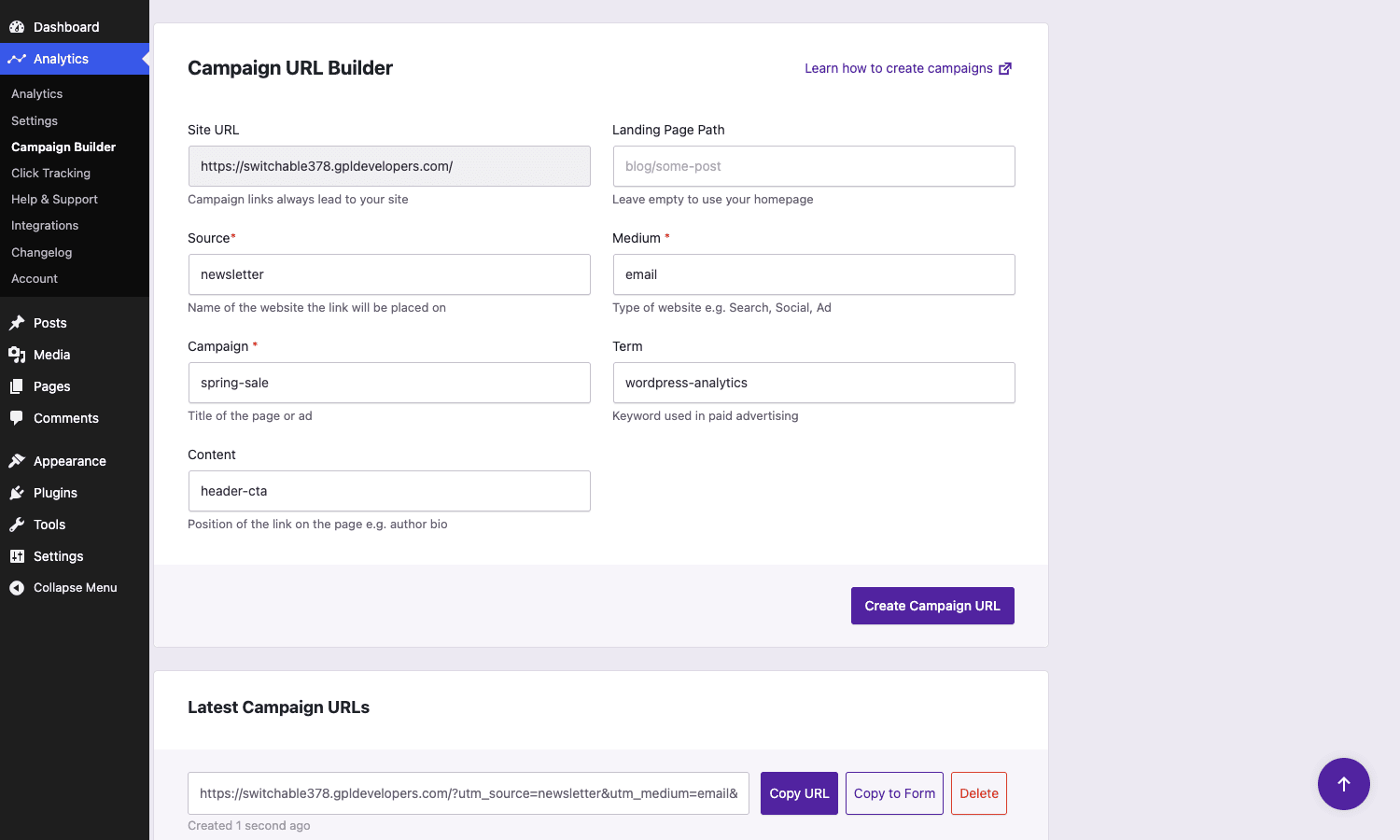Independent Analytics Pro Campaign URL Builder Independent Analytics Pro Campaign URL Builder with fields for Site URL, Source, Medium, Campaign, Term and Content filled in, plus a generated tracking URL listed below