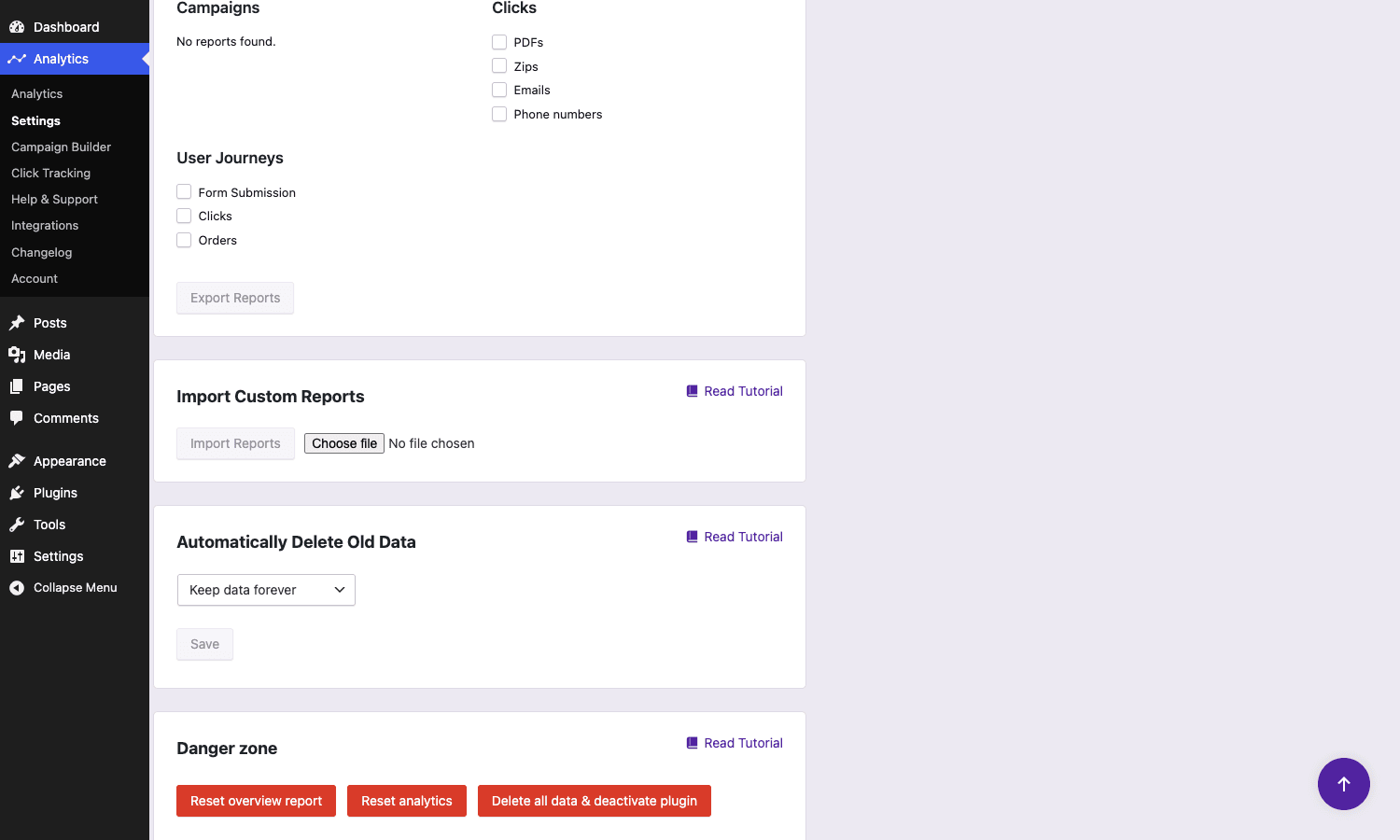 Independent Analytics Pro data pruning set to keep data forever by default Independent Analytics Pro settings showing the Automatically Delete Old Data dropdown defaulting to Keep data forever, alongside the Danger zone reset and delete-all-data controls