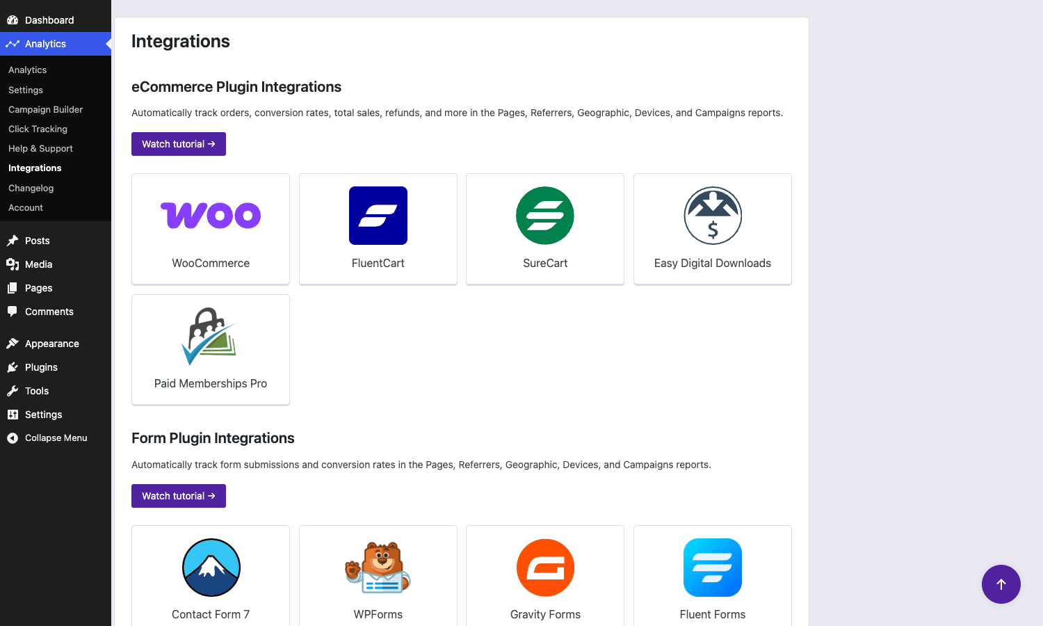 Independent Analytics Pro eCommerce and form integrations Independent Analytics Pro Integrations page showing eCommerce plugin tiles for WooCommerce, FluentCart, SureCart, Easy Digital Downloads, and Paid Memberships Pro, plus form plugin integrations