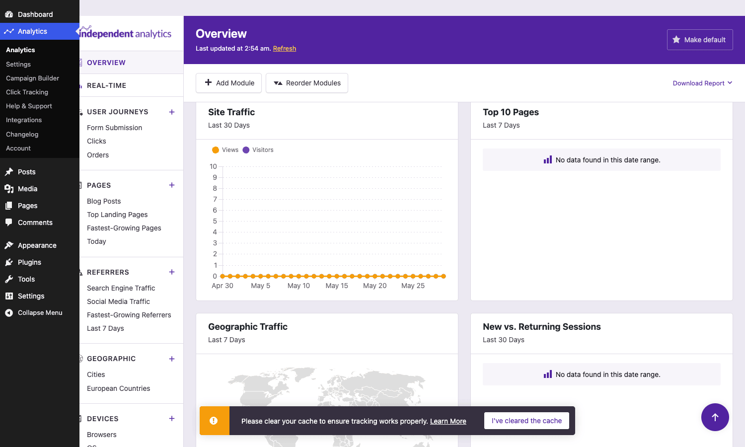 Independent Analytics Pro Overview dashboard Independent Analytics Pro Overview dashboard inside WordPress admin showing Site Traffic chart, Top 10 Pages, Geographic Traffic map, and New vs Returning Sessions modules