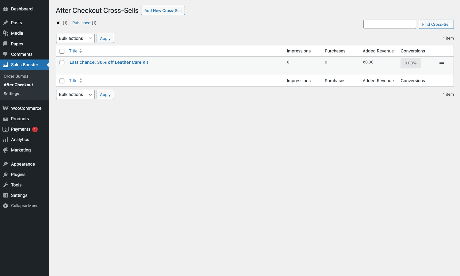 After Checkout Cross-Sells list table with one published cross-sell entry and the same Impressions, Purchases, Added Revenue columns