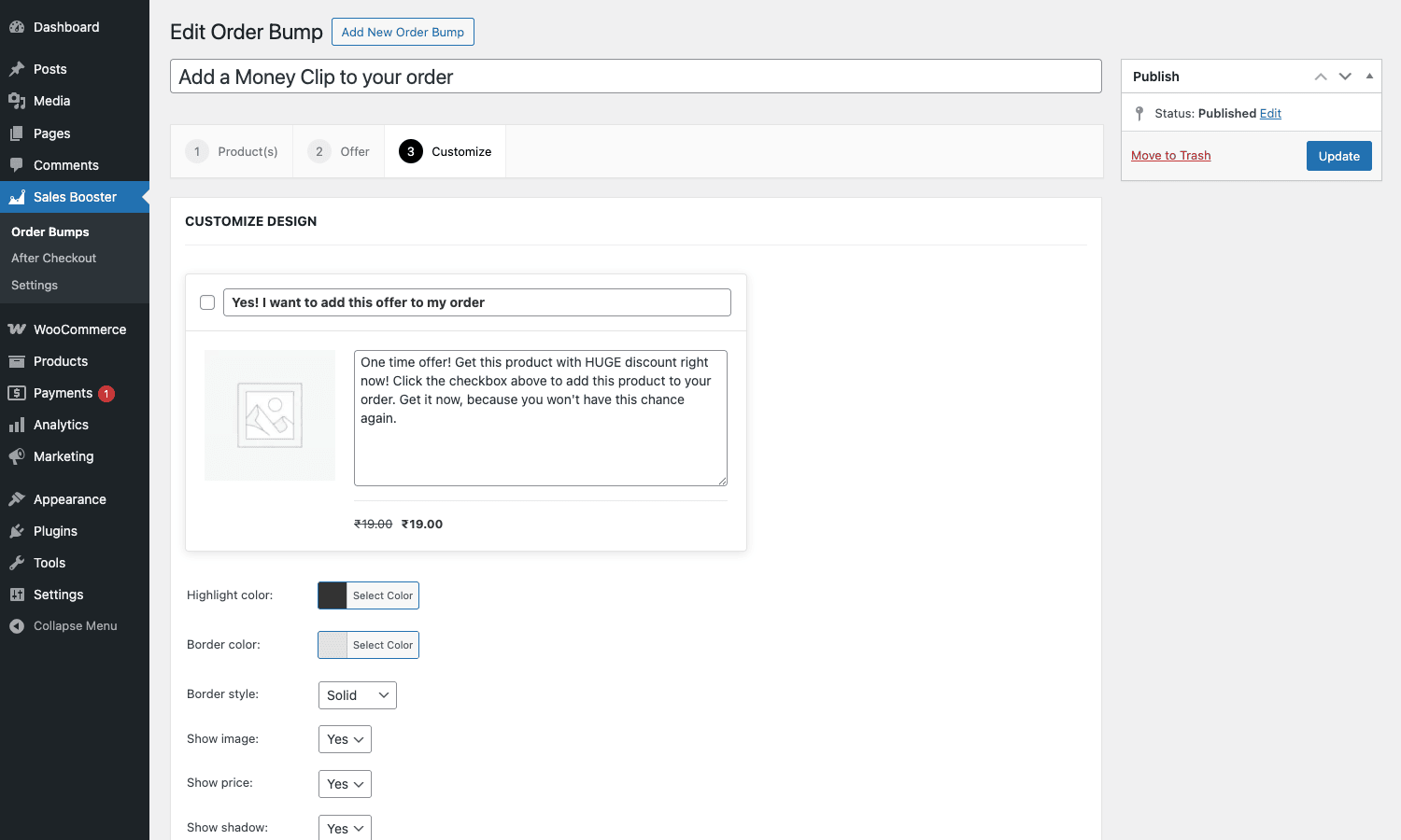 Order bump Customize step showing checkbox text editor, image, description, highlight color and border color pickers