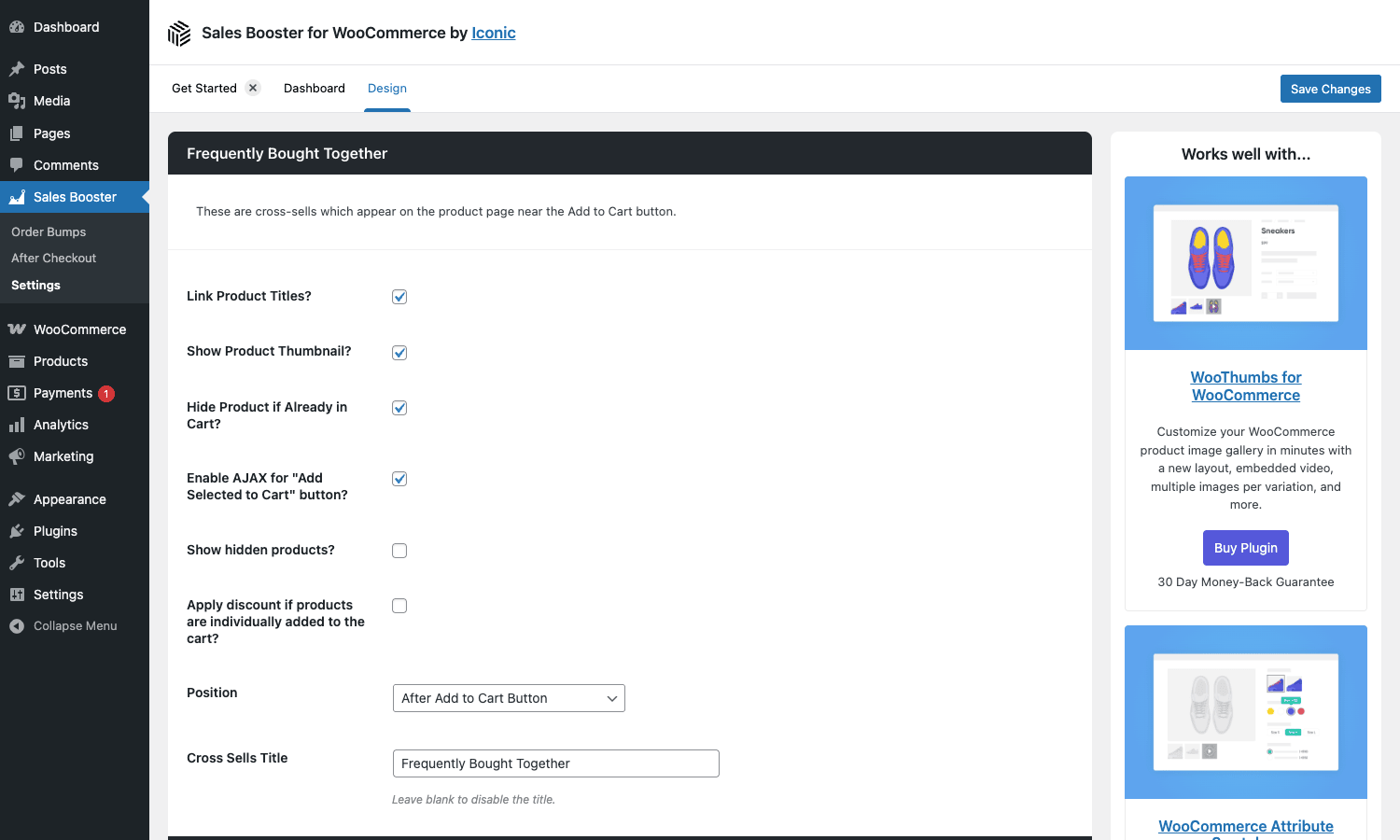Sales Booster Design tab showing Frequently Bought Together settings: link titles, show thumbnails, hide if in cart, AJAX, position, title