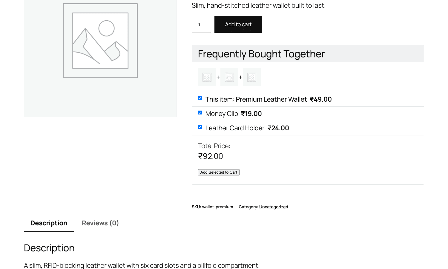 Premium Leather Wallet product page with Frequently Bought Together panel listing Money Clip and Leather Card Holder and a combined Total Price