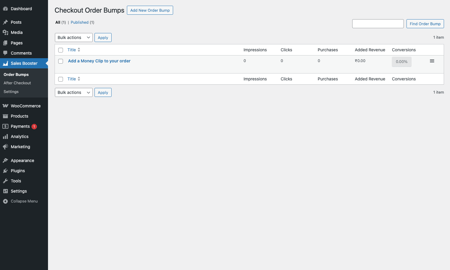 Checkout Order Bumps list table showing Title, Impressions, Clicks, Purchases, Added Revenue and Conversions columns with one published bump