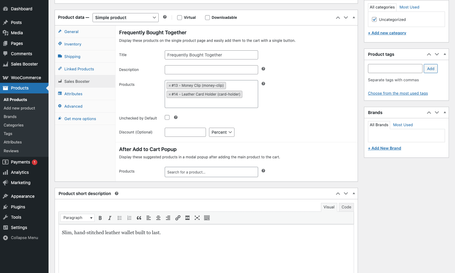 Sales Booster product data tab showing Frequently Bought Together fields and After Add to Cart Popup section