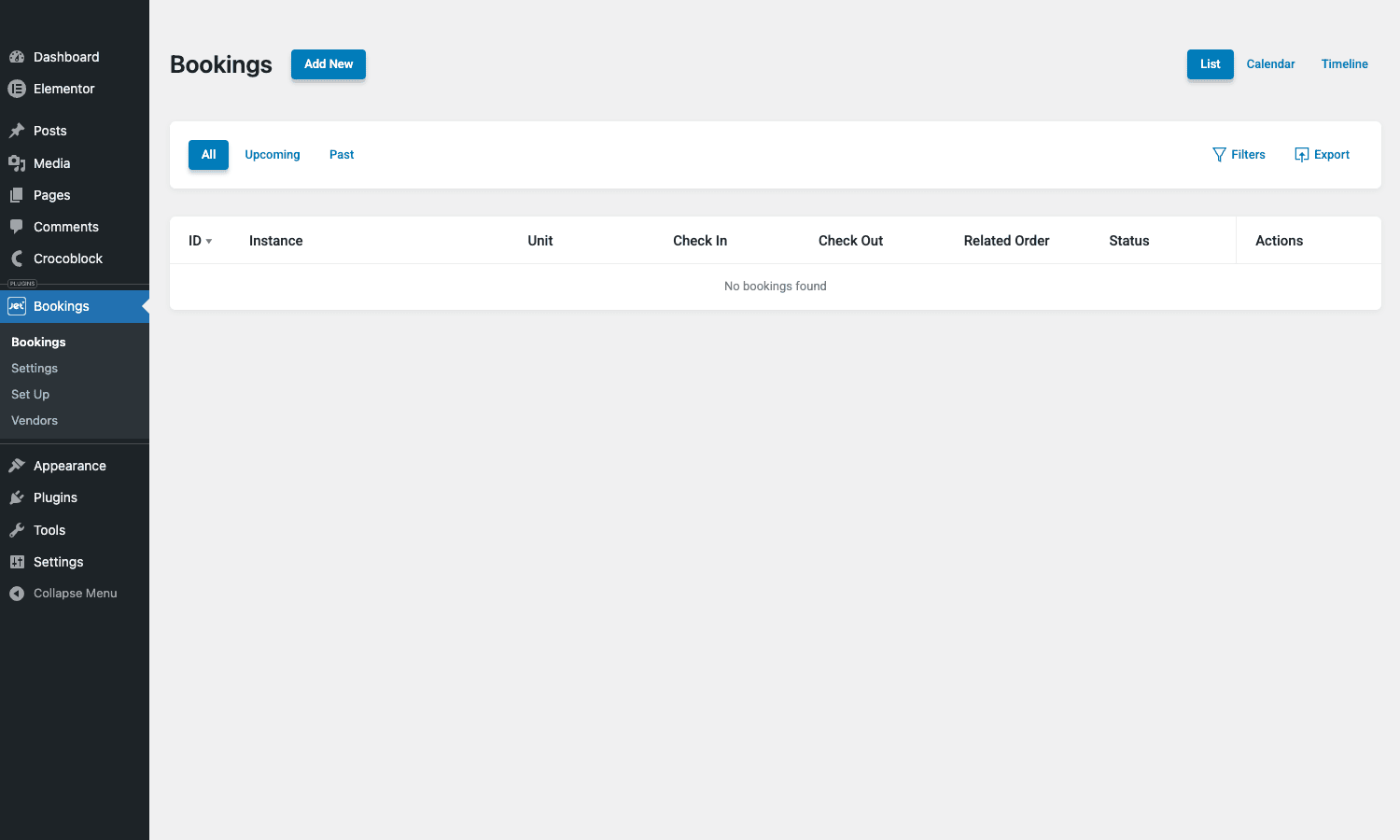 JetBooking Bookings dashboard JetBooking Bookings admin list view with List/Calendar/Timeline toggle, Filters and Export buttons, empty state