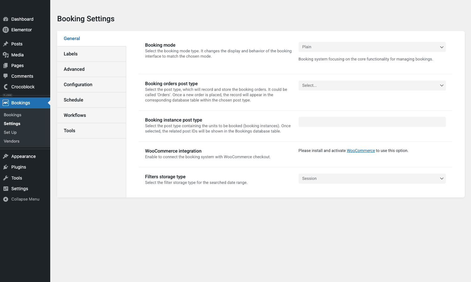 JetBooking General settings JetBooking Booking Settings General tab showing Booking mode Plain, post type selectors, WooCommerce integration toggle, Filters storage type Session