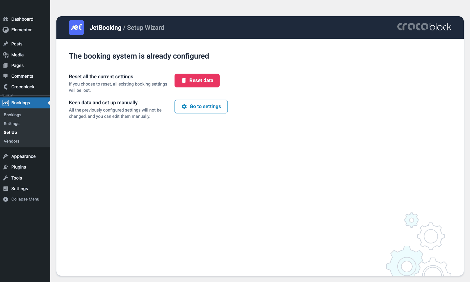 JetBooking setup wizard JetBooking setup wizard with Reset data and Go to settings options
