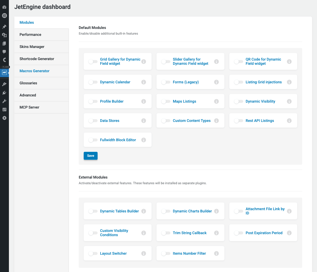 JetEngine dashboard with modules JetEngine dashboard showing Modules tab with toggles for Grid Gallery, Slider Gallery, QR Code, Dynamic Calendar, Forms, Profile Builder, Maps Listings, Data Stores, Custom Content Types, Rest API Listings, and Fullwidth Block Editor, plus External Modules below