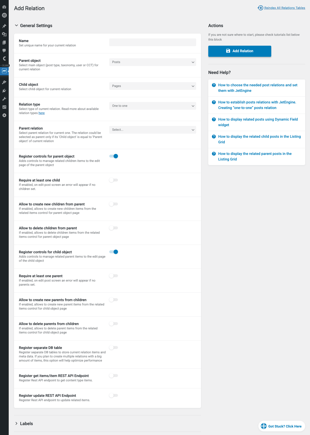 JetEngine Relation builder JetEngine Add Relation builder with General Settings for parent object Posts, child object Pages, relation type One to one, controls for parent and child object, allow create/delete settings, register separate DB table option, and Register REST API endpoint toggles