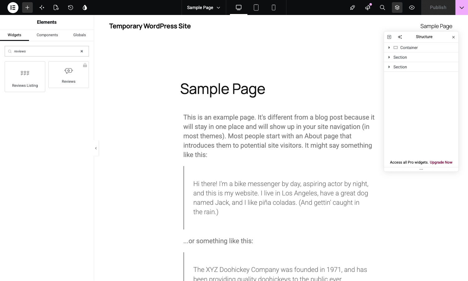 JetReviews widgets in Elementor Elementor editor showing JetReviews widget options in the search panel